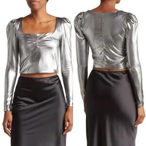 Torn By Ronny Kobo Selina Metallic Long Sleeve Ruched Crop Top Women’s Small NWT